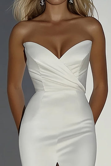 Strapless Ivory Satin Mermaid Long Wedding Dress with Slit